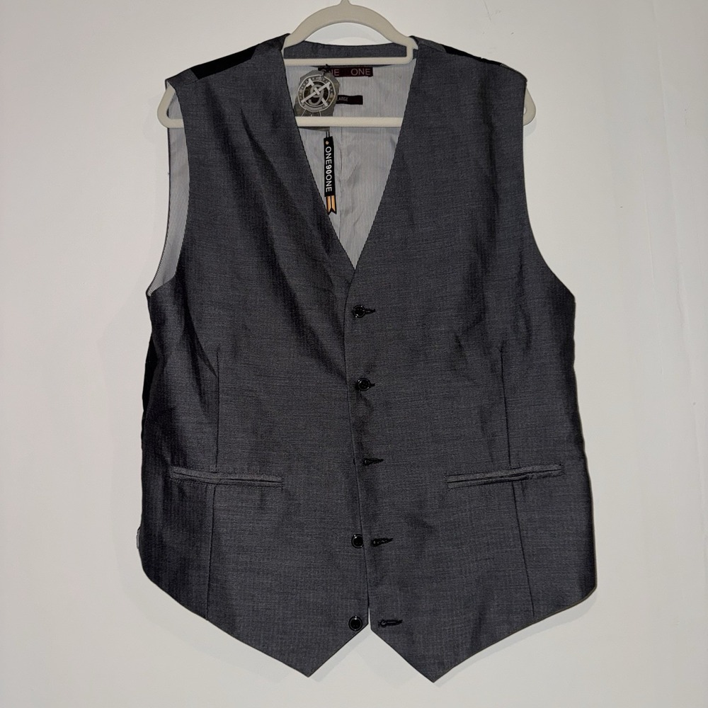ONE9ONE Mens Sz L Formal Dress Suit Vest Charcoal Gray V-Neck 5 Button Waistcoat